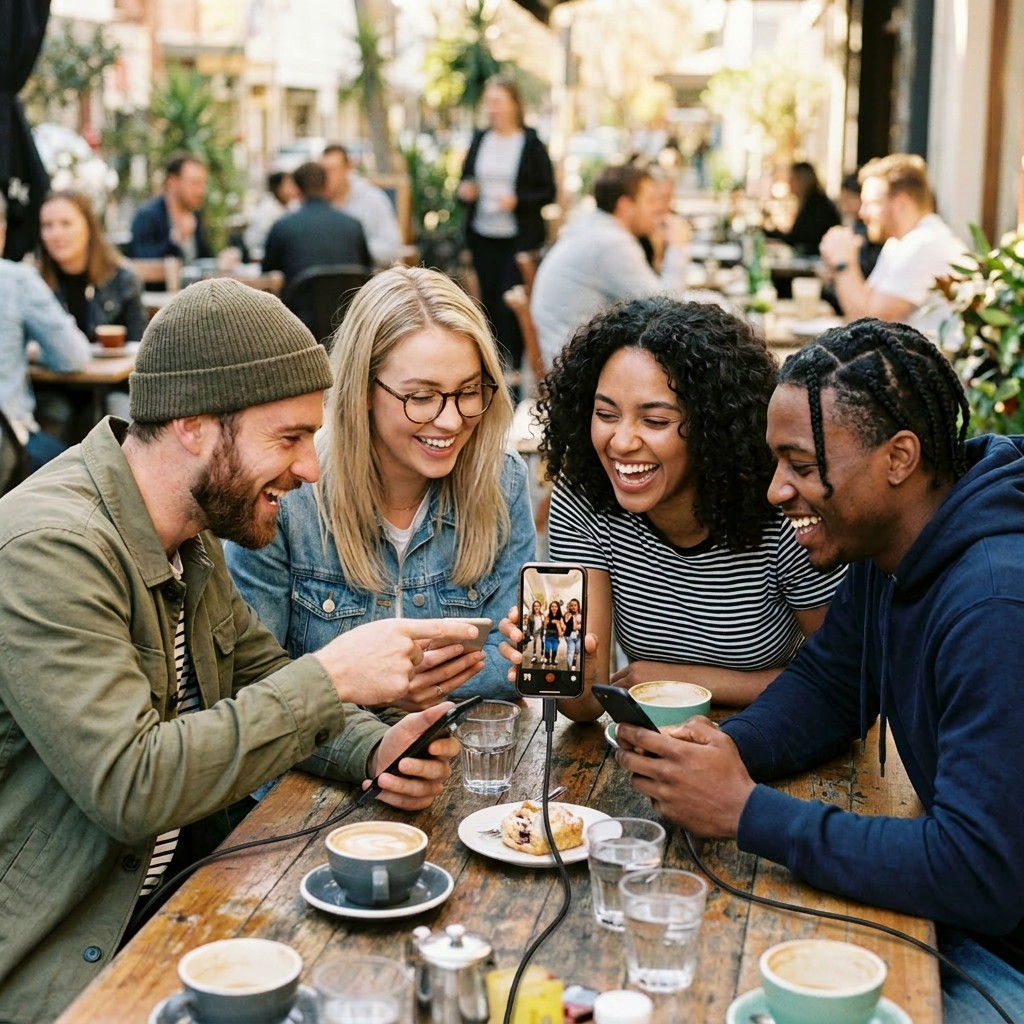 Group of four friends laughing and sharing photos on smartphones at a cafe table with coffee